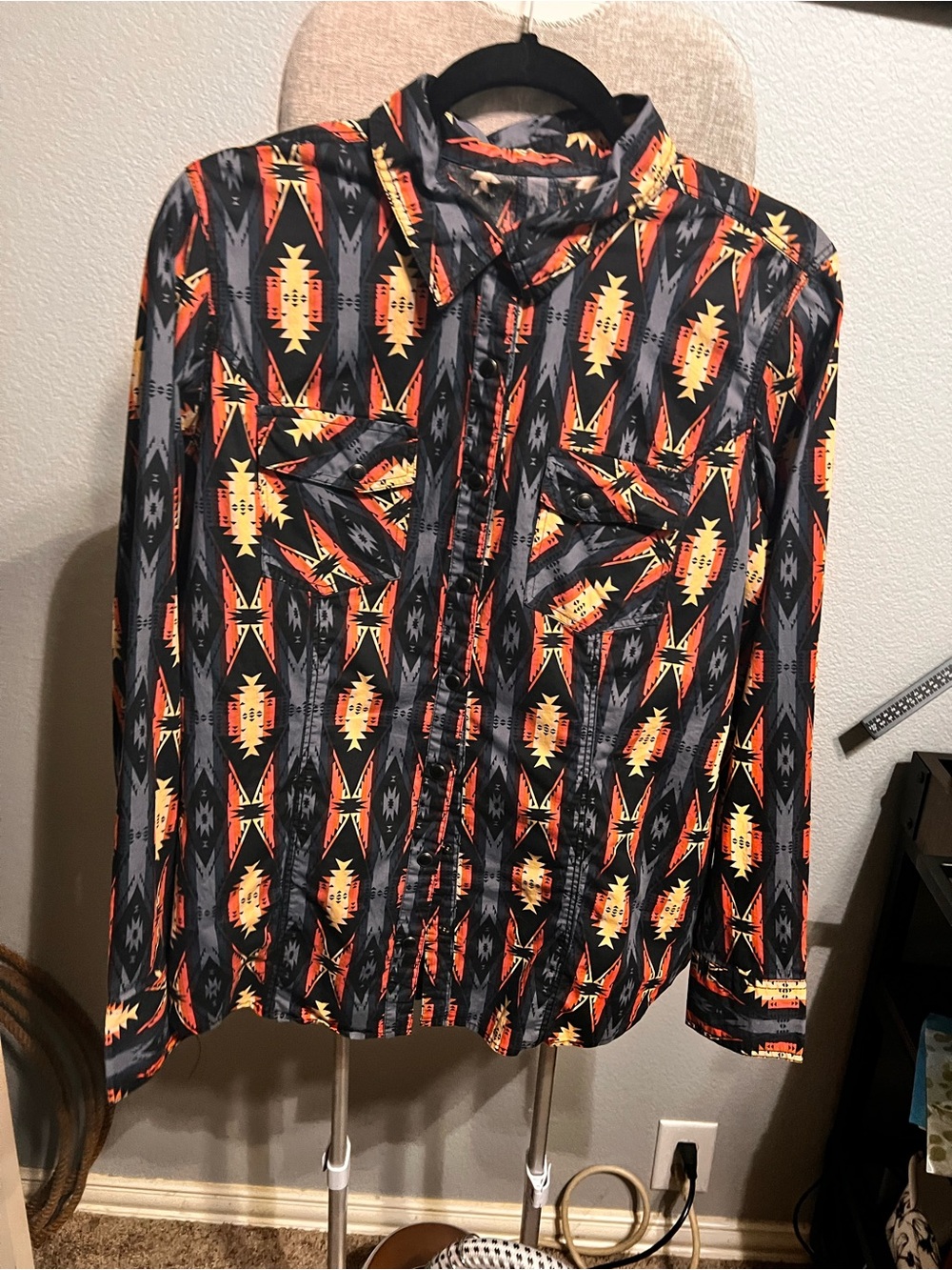 Men's Black Aztec-Print Button-Down Shirt with Orange & Yellow Motifs